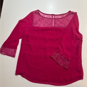 Fuchsia Pink Tiered Lace Yoke 3/4 Sleeve Blouse Top